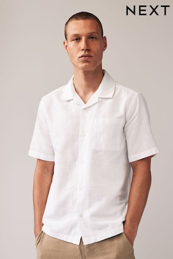 White Cuban Collar Linen Blend Short Sleeve Shirt (Q64099) | £28
