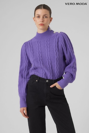 VERO MODA Purple High Neck Cable Knit Jumper With Embellished Buttons (Q64124) | £42