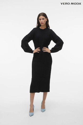 VERO MODA Black Waisted Long Sleeve Midi Knitted Jumper Dress (Q64130) | £45