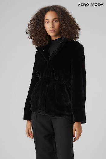 VERO MODA Black High Neck Faux Fur Button Up Coat (Q64132) | £50