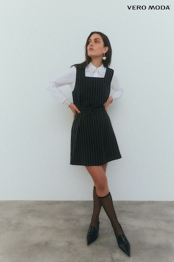 VERO MODA Black Pinstripe Pinafore Belted Tailored Mini Dress (Q64137) | £45