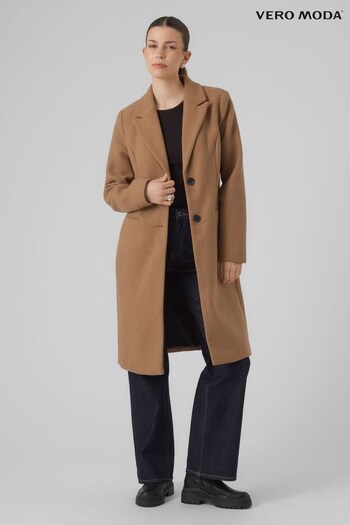 VERO MODA Brown Longline Button Up Smart Wool Coat (Q64141) | £76
