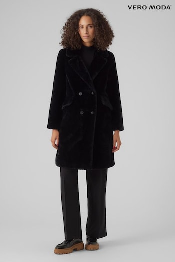 VERO MODA Black Longline Button Up Faux Fur Coat (Q64148) | £25