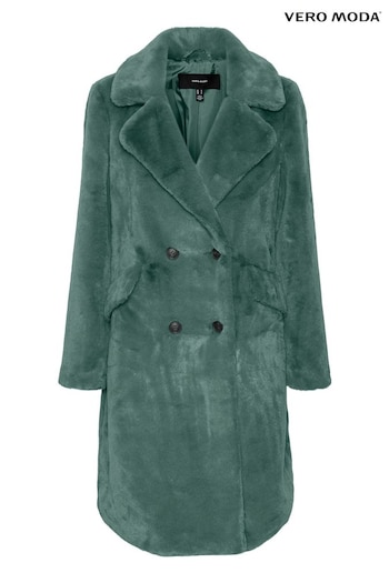 VERO MODA Green Longline Button Up Faux Fur Coat (Q64159) | £69