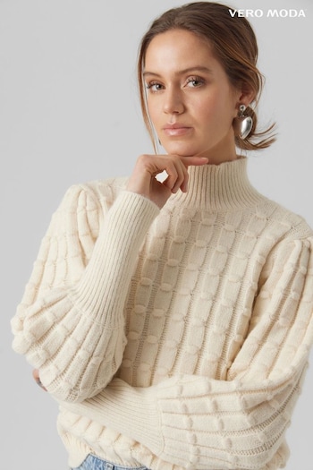 VERO MODA Cream High Neck Chunky Cable Knitted Puff Sleeve Jumper (Q64167) | £42