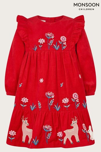 Monsoon Red Baby Cord Floral Woodland Dress (Q64207) | £34 - £38