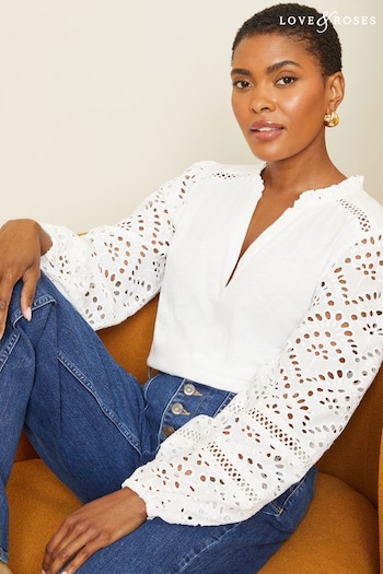 New In Furniture Ivory White Broderie Long Sleeve V Neck Jersey Top (Q64317) | £34