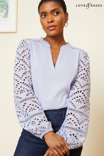 New In Furniture Blue Broderie Long Sleeve V Neck Jersey Top (Q64328) | £34