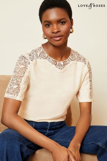 White Shirt With Bobbin Lace Ivory White Crochet Lace Insert Short Sleeve Jersey Top (Q64333) | £26