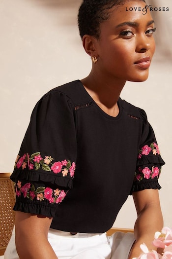 Suits & Waistcoats Black Embroidered Short Puff Sleeve Jersey T-Shirt (Q64335) | £28