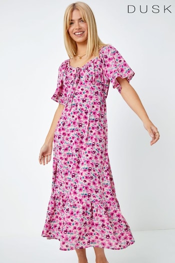 Dusk Pink Floral Print Sweetheart Midi Dress (Q64342) | £65