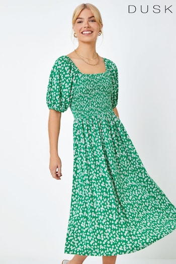 Dusk Green Ditsy Floral Print Shirred Milkmaid Dress flared (Q64343) | £55
