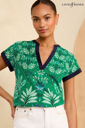 A-Z Womens Brands Green Print Jersey V Neck Woven Trim Shorts Sleeve T-Shirt (Q64351) | £28