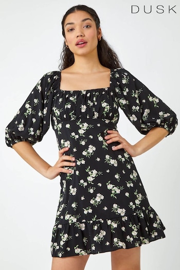 Dusk Black Floral Print Tie Back Frill Dress (Q64356) | £48