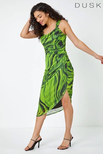 Dusk Green Swirl Print Ruched Stretch Dress (Q64357) | £60