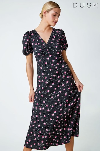 Dusk Black Floral Print Lace Back Midi Dress (Q64364) | £50