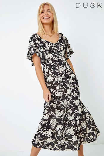 Dusk Black Contrast Floral Tiered Midi Dress (Q64377) | £65