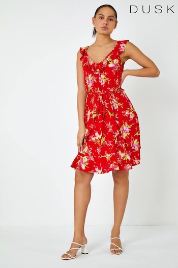 Dusk Red Floral Frill Detail Fit & Flare Dress (Q64393) | £50