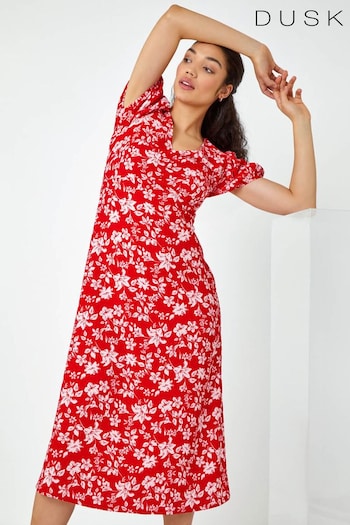 Dusk Red Floral Print Lace Back Midi Dress (Q64404) | £50