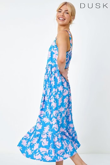 Dusk Blue Floral Strappy Tiered Maxi Dress (Q64405) | £50
