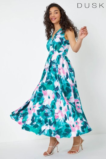 Dusk Green Sleeveless Floral Print Maxi Dress (Q64406) | £65