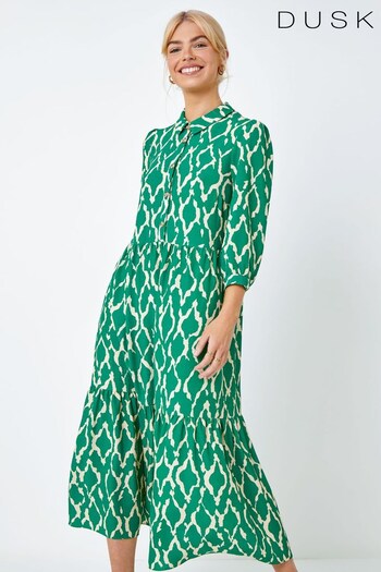 Dusk Green Graphic Tiered Shirt Midi Dress (Q64411) | £60