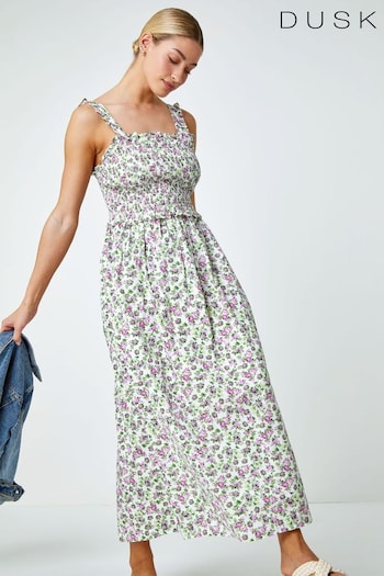 Dusk White Floral Print Shirred Stretch Maxi Dress (Q64412) | £55
