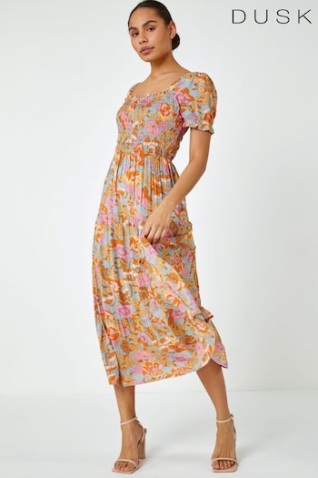 Dusk Orange Retro Floral Print Tiered Maxi Dress (Q64414) | £60