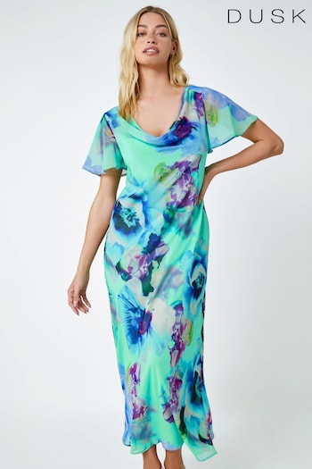 Dusk Blue Floral Print Cowl Neck Dress (Q64420) | £65