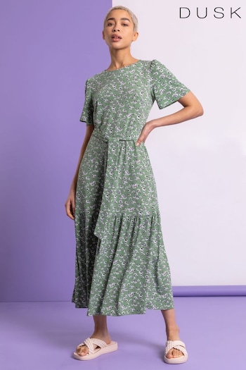 Dusk Green Ditsy Daisy Print Belted Dress (Q64431) | £48