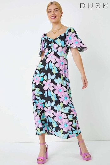 Dusk Black Floral Print Ruched Midi Dress (Q64435) | £48