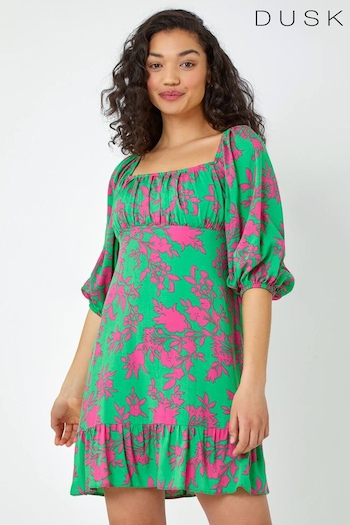 Dusk Green Floral Print Tie Back Frill Dress (Q64445) | £48