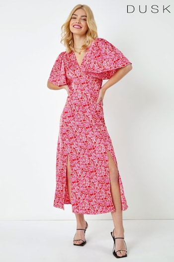 Dusk Red Ditsy Floral Satin Midi Dress (Q64449) | £65