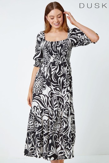 Dusk Black Floral Contrast Print Midi Dress (Q64451) | £60