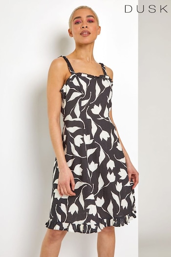Dusk Black Leaf Print Frill Detail Tea Dress (Q64458) | £45