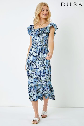 Dusk Blue Ditsy Floral Bardot Midi Dress (Q64466) | £65