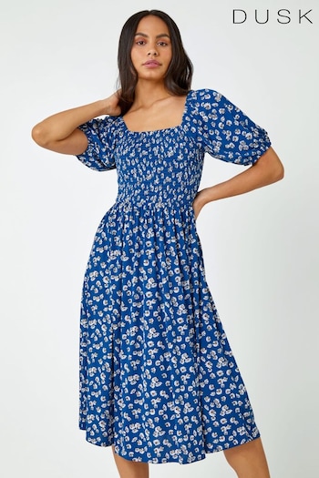Dusk Blue Ditsy Floral Shirred Midi Dress (Q64468) | £52