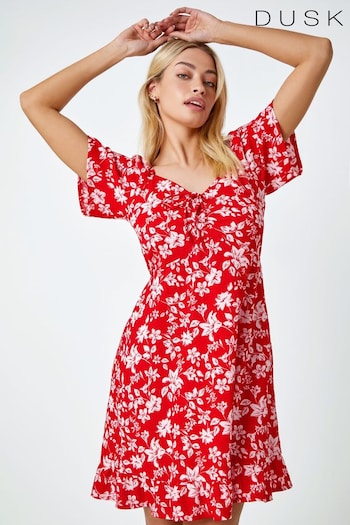 Dusk Red Floral Print Frill Hem Mini Dress (Q64469) | £48