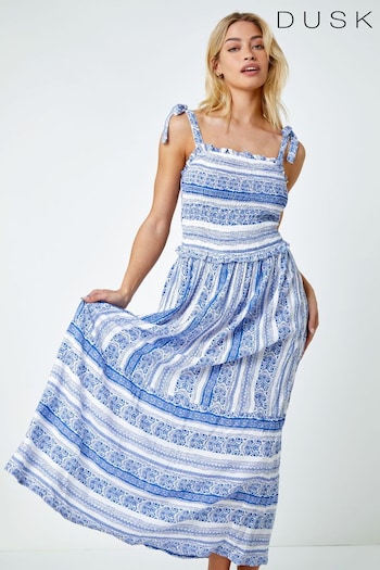 Dusk Blue Border Print Shoulder Tie Maxi Dress (Q64470) | £50