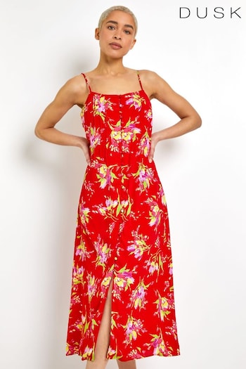 Dusk Red Strappy Floral Square Neck Midi Dress (Q64491) | £50