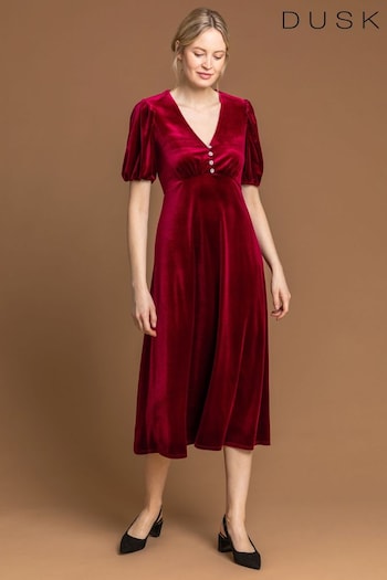 Dusk Red Velvet Button Detail Fit & Flare Dress (Q64497) | £55