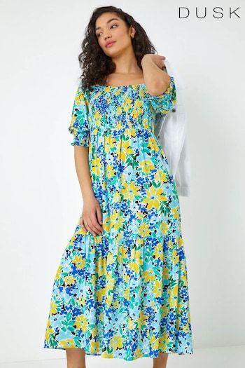 Dusk Blue Floral Stretch Shirred Midi Dress (Q64511) | £60
