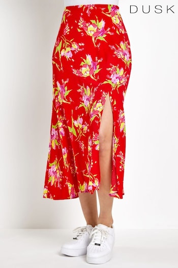 Dusk Red Floral Asymmetric Frill Midi Skirt (Q64516) | £40