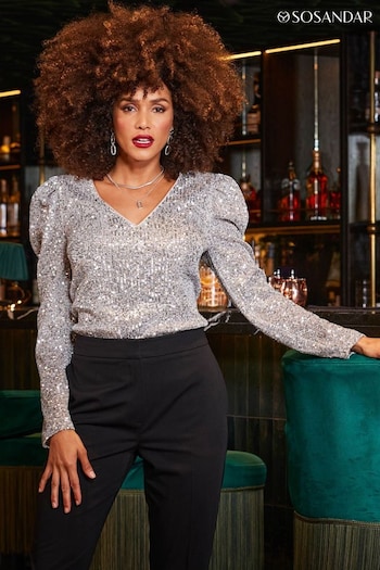 Sosandar Silver Sequin Gathered Sleeeve Square Neck Top (Q64533) | £59