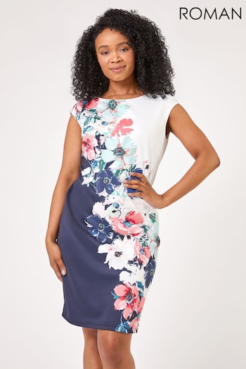 Roman Blue Petite Floral Placement Print Scuba Dress code (Q64676) | £50
