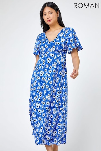 Roman Blue Petite Floral Print Flute Sleeve Dress (Q64677) | £40