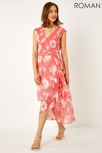 Roman Pink Embellished Floral Print Tiered Midi Dress (Q64694) | £60