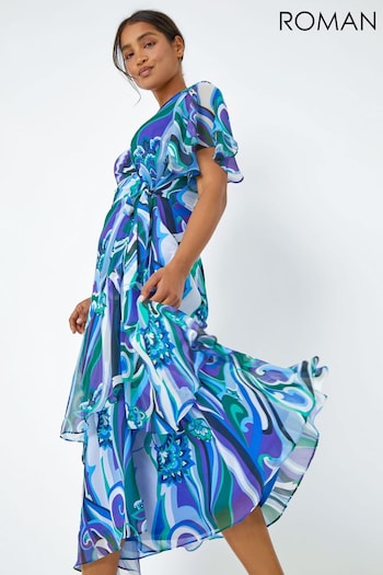 Roman Blue Floral Swirl Print Tiered Midi Wrap Dress (Q64701) | £60
