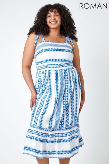 Roman Blue Curve Embroidered Shirred Stretch Dress (Q64707) | £42