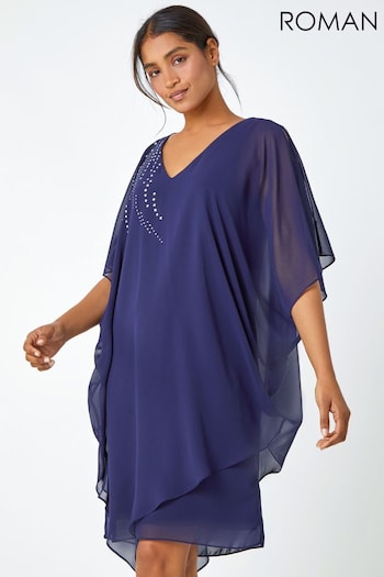 Roman Blue Embellished Cold Shoulder Overlay Dress (Q64708) | £55